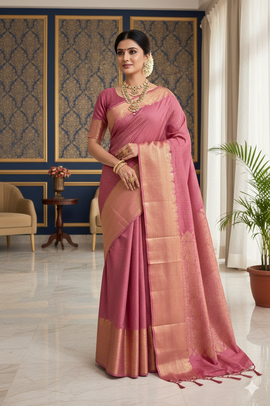 Pink Pure Kanjeevaram Silk Saree, With Unstiched Blouse