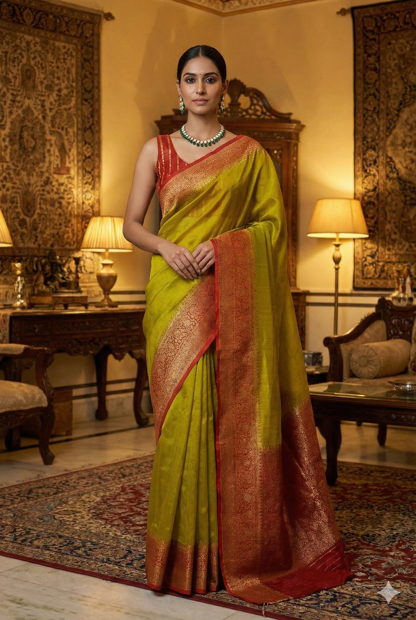 Lime Green Kora Banarasi Silk Saree, With Unstiched Blouse