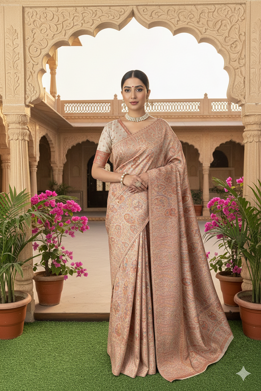 Peach Pure Kani Handloom Silk Saree With Unstiched Buta Woven Blouse