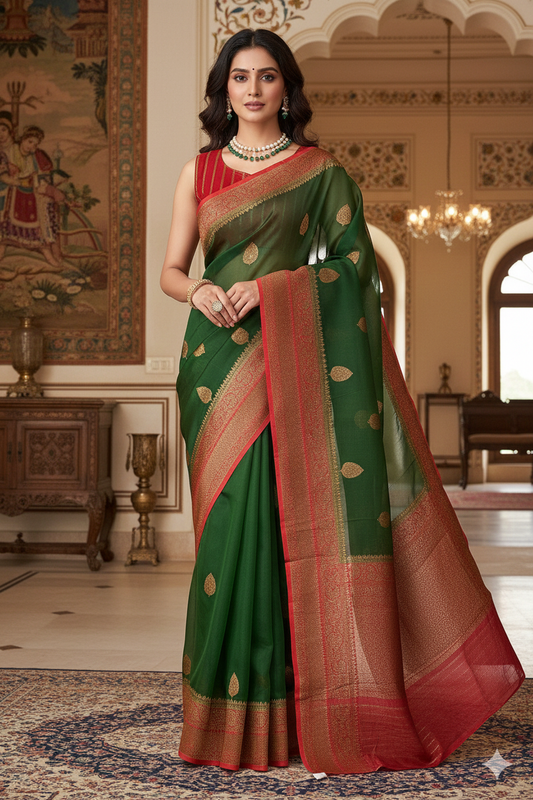 Bottle Green Kora Banarasi Silk Saree, With Unstiched Blouse