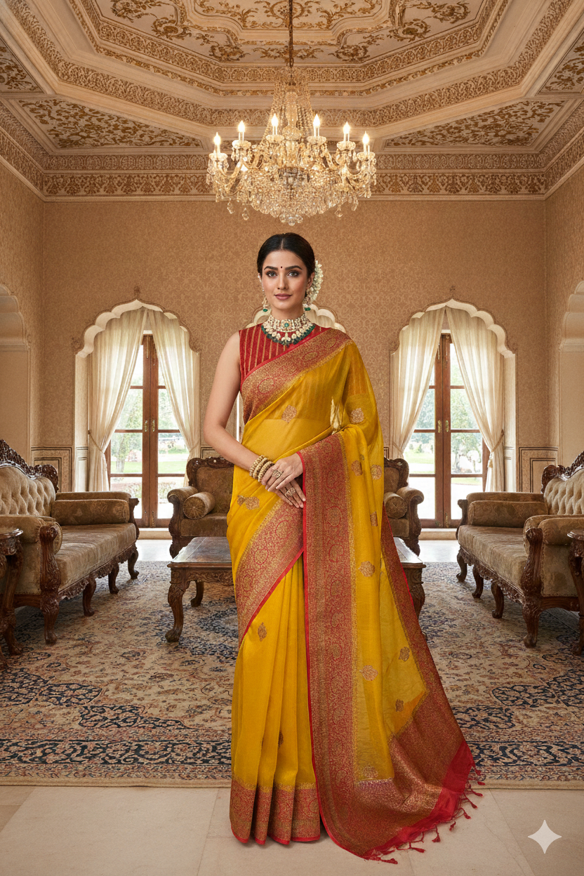 Mustard Yellow Kora Banarasi Silk Saree, With Unstiched Blouse