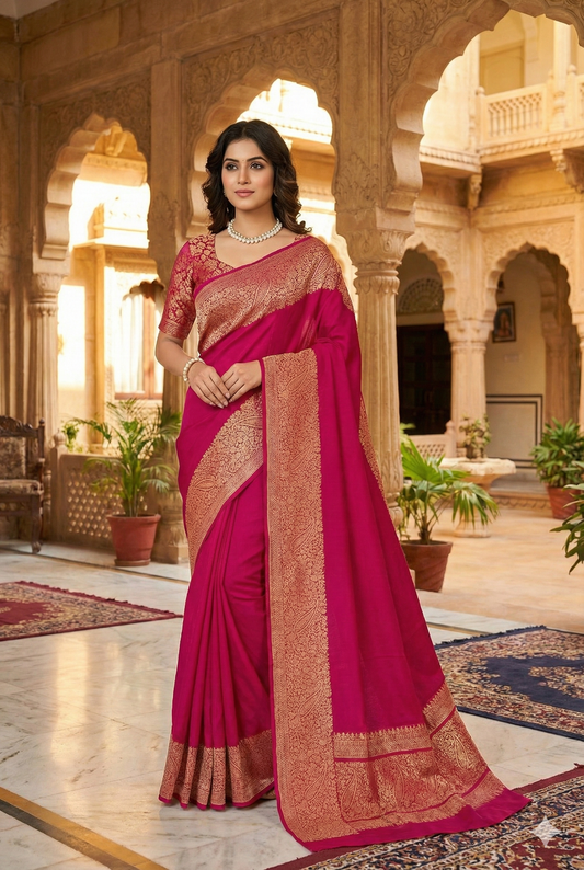 Magenta Crepe Silk Party Wear Saree, With Unstitched Blouse