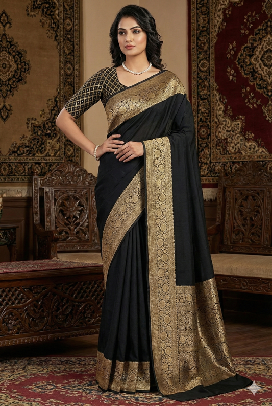 Black Crepe Silk Party Wear Saree, With Unstitched Blouse