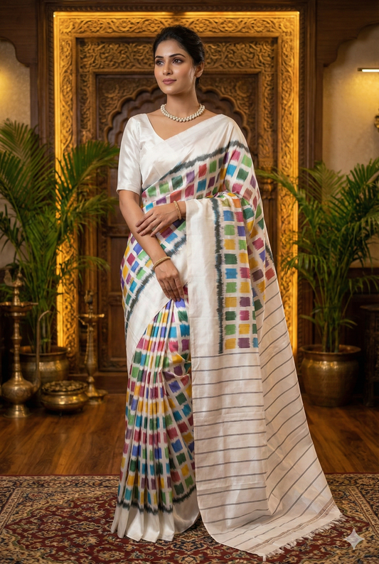 White and multi-colored Pochampally Ikat silk saree with unstiched blouse from Saarang Sarees, showcasing intricate traditional design.