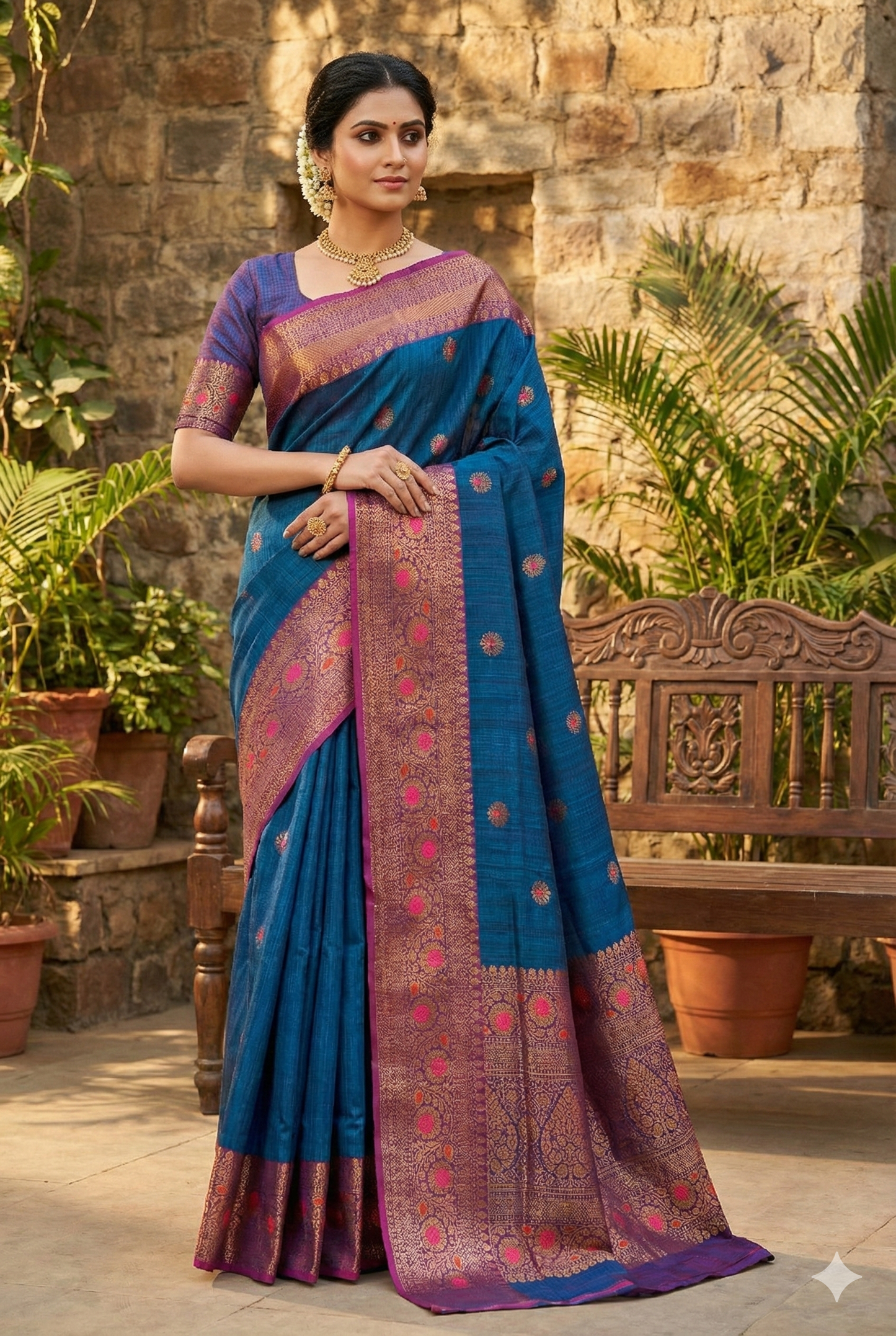 Royal Blue Dupion Tussar Silk Saree, With Unstiched Blouse