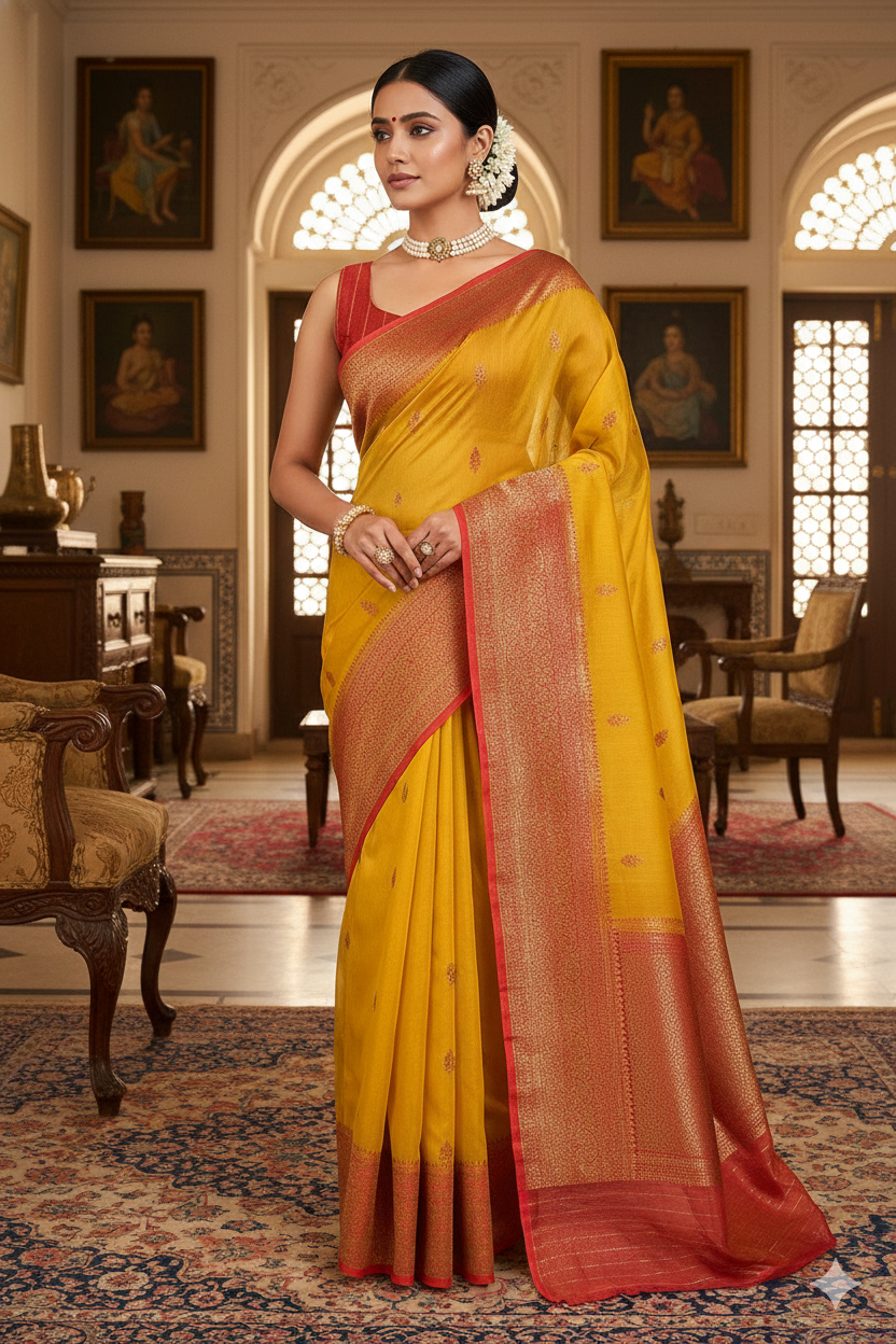 Mustard Yellow Kora Banarasi Silk Saree, With Unstiched Blouse