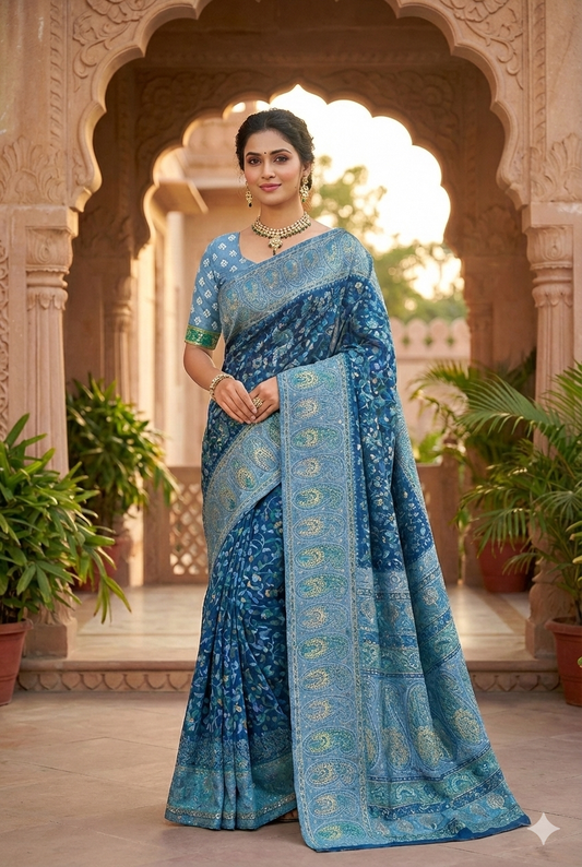 Deep Blue Pure Kani Handloom Silk Saree With Unstiched Buta Woven Blouse