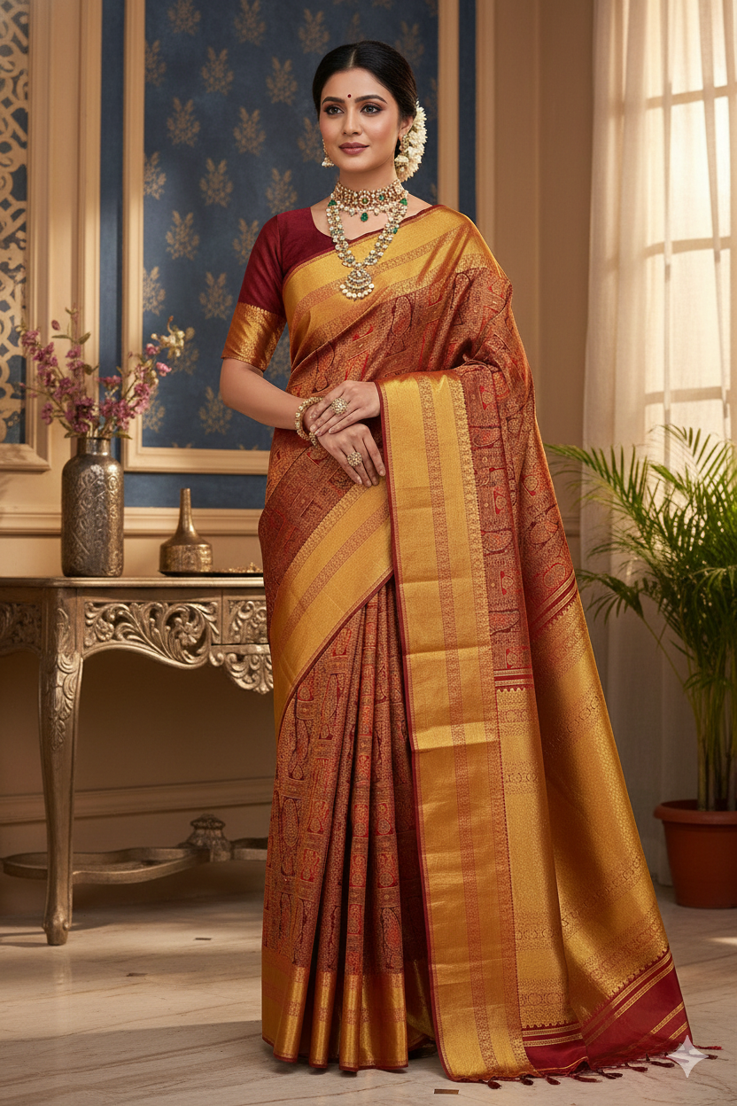 Golden Red Pure Kanjeevaram Silk Saree, With Unstiched Blouse