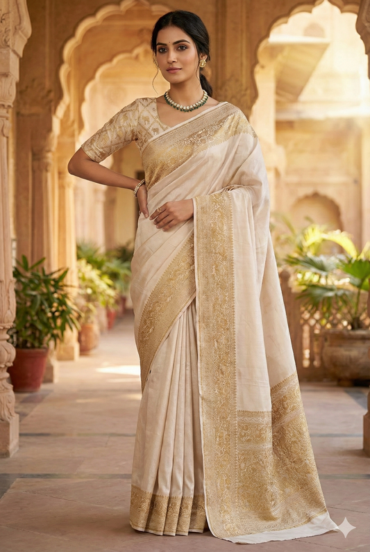 Offwhite Crepe Silk Party Wear Saree, With Unstitched Blouse