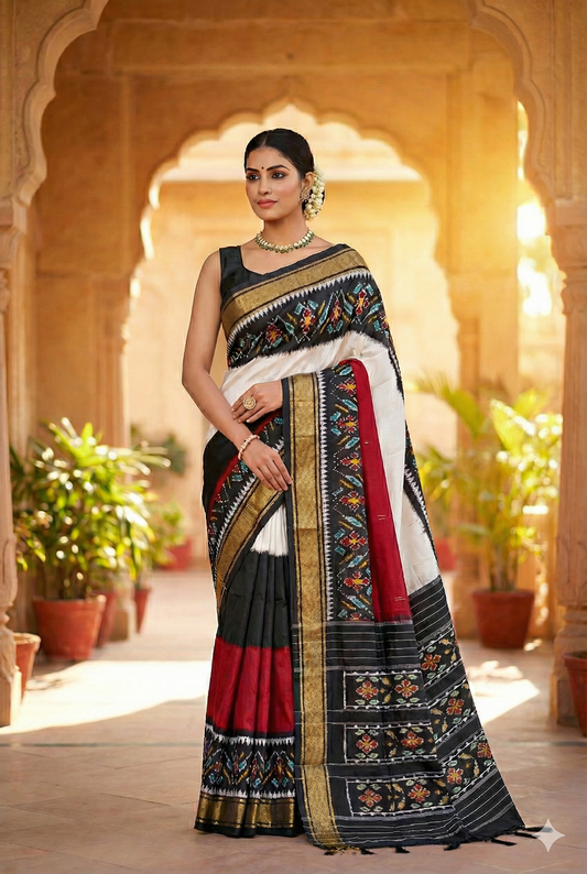 Multi, Balck & White Pochampally Ikat Silk Saree, With Unstiched Blouse