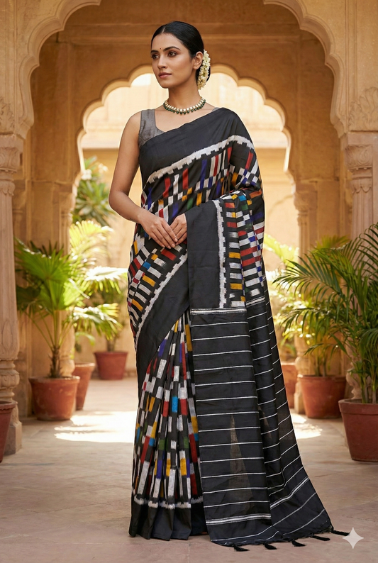 Balck & Multi Pochampally Ikat Silk Saree, With Unstiched Blouse
