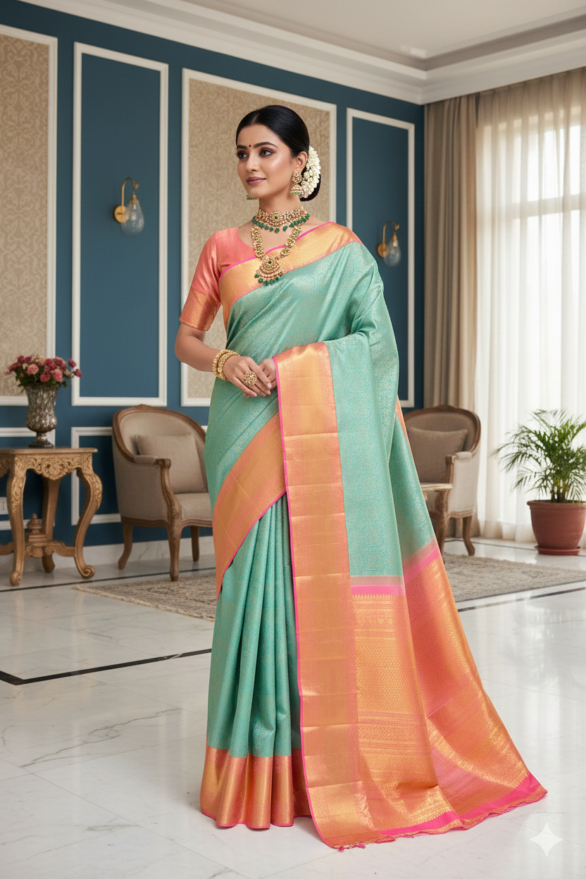Firozi Pure Kanjeevaram Silk Saree, With Unstiched Blouse