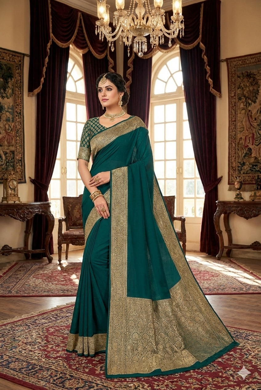 Bottle Green Crepe Silk Party Wear Saree, With Unstitched Blouse