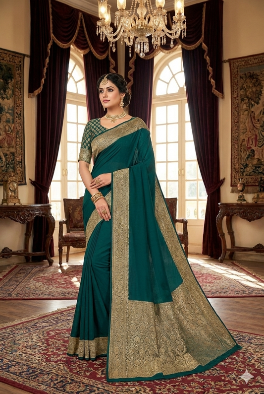 Bottle Green Crepe Silk Party Wear Saree, With Unstitched Blouse