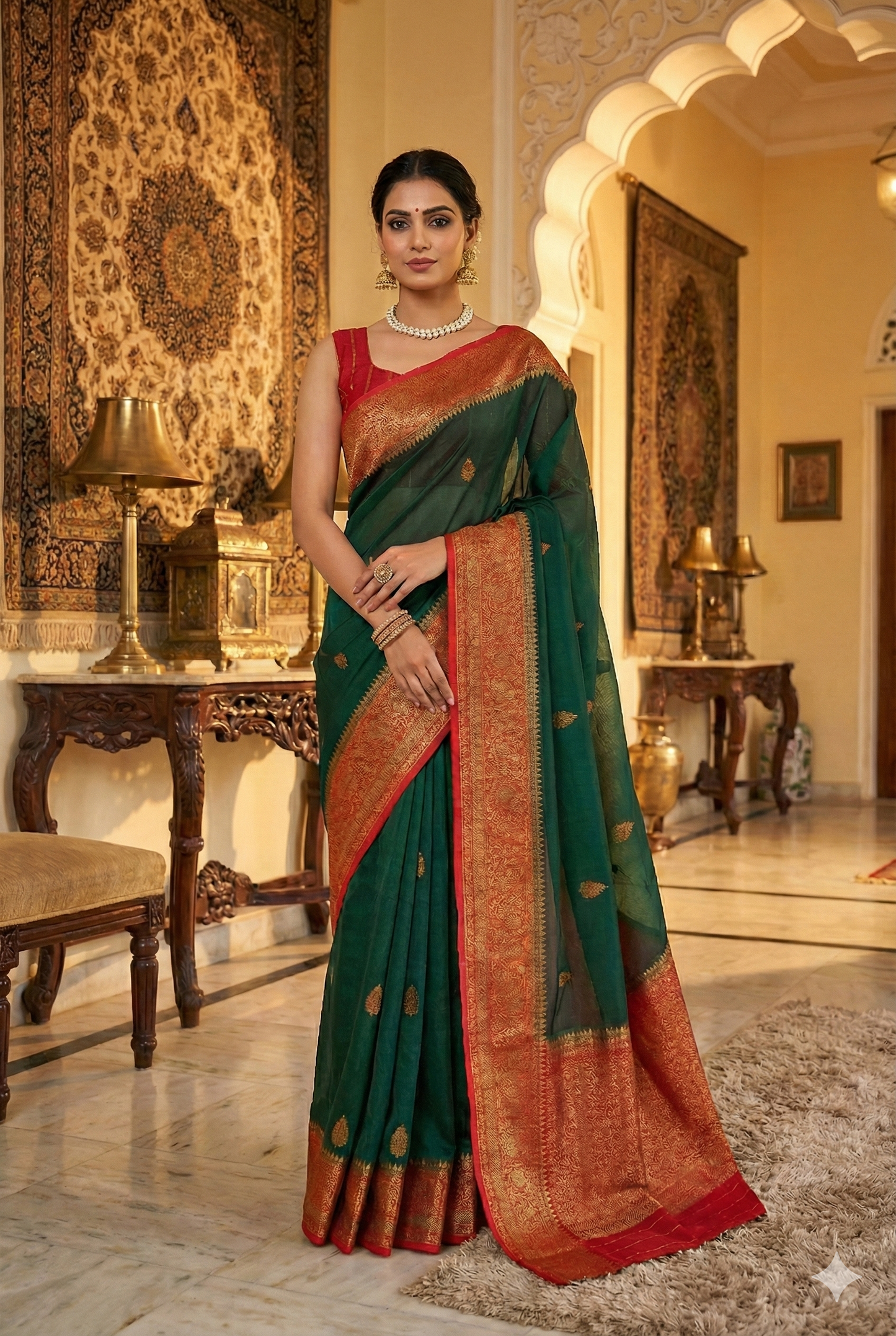 Bottle Green Kora Banarasi Silk Saree, With Unstiched Blouse