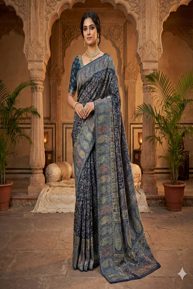 Dark Blue & Purple Pure Kani Handloom Silk Saree With Unstiched Buta Woven Blouse