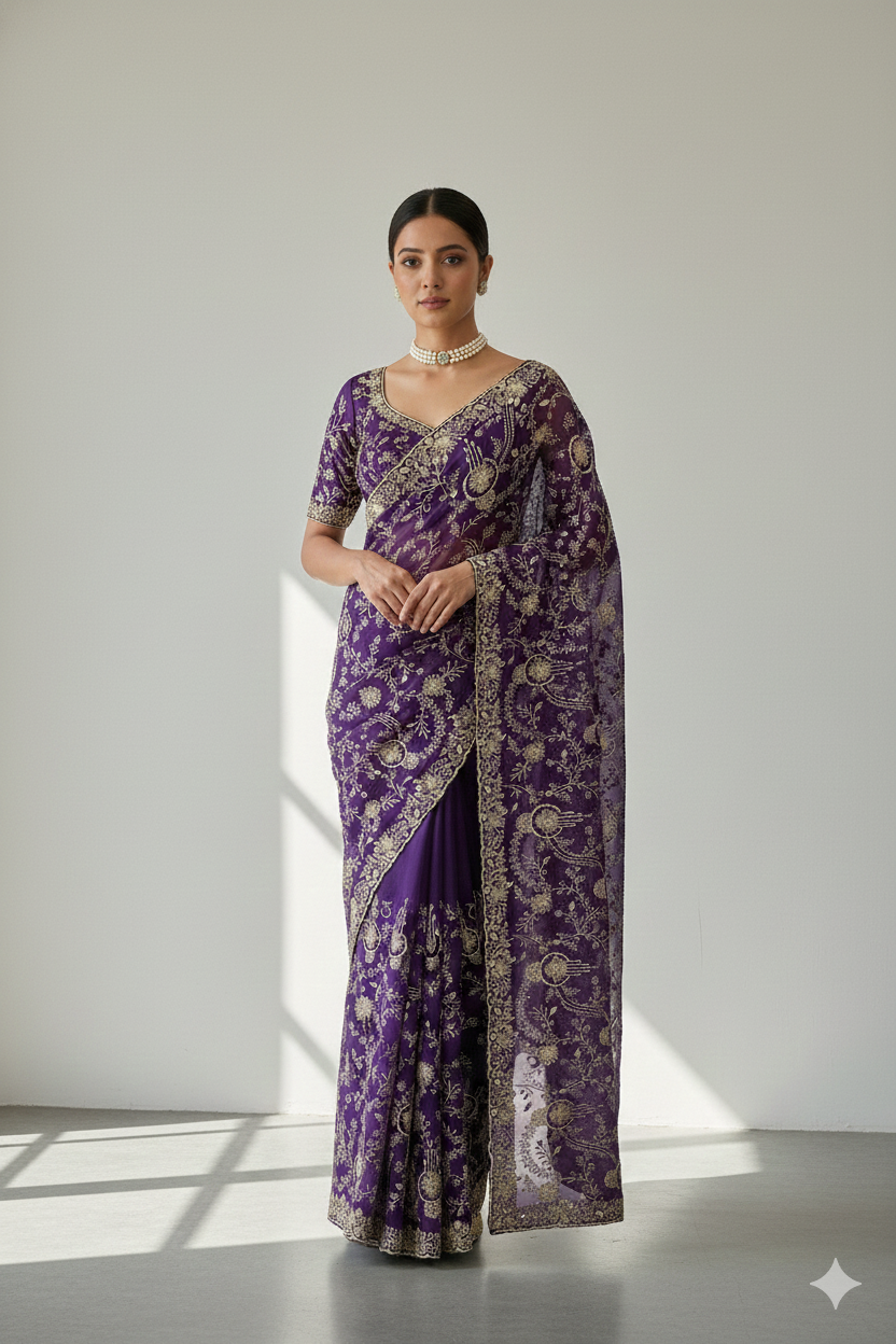 Purple Soft Organza Silk Embroidery Saree, With Unstiched Blouse