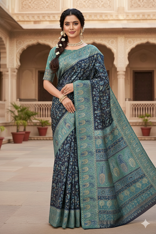Dark Blue Pure Kani Handloom Silk Saree With Unstiched Buta Woven Blouse
