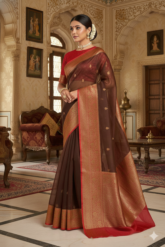 Brown Kora Banarasi Silk Saree, With Unstiched Blouse