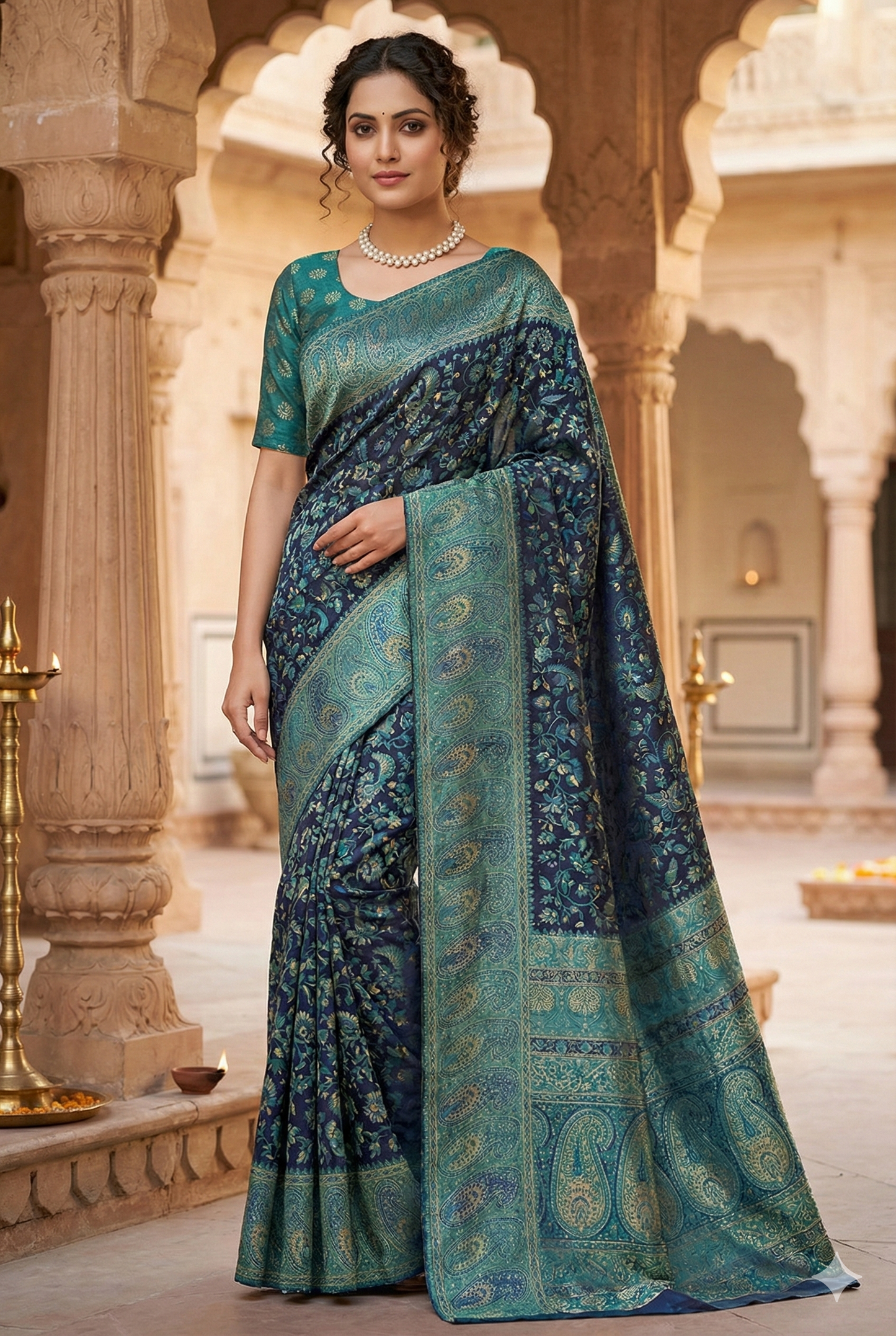 Deep Blue Pure Kani Handloom Silk Saree With Unstiched Buta Woven Blouse
