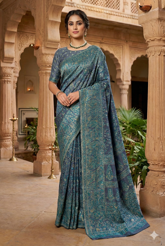 Purple Blue Pure Kani Handloom Silk Saree With Unstiched Woven Blouse