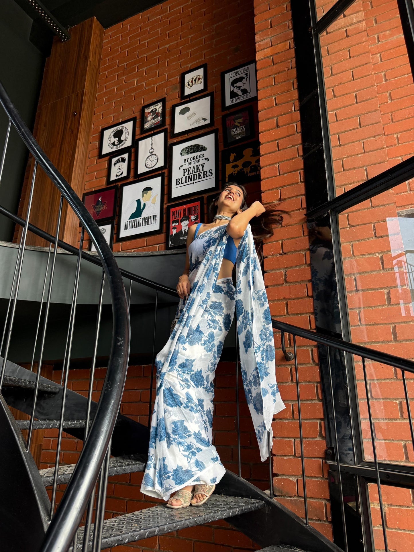Off-White With Blue Floral Printed Chiffon Saree, With Unstiched Blouse Piece [ 30 DAYS TO GET MADE ON ORDER ]