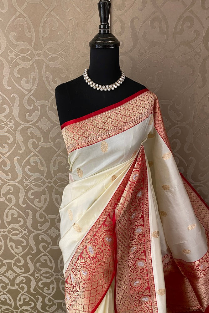 Offwhite Red Katan Silk Banarasi Hand Weaving Saree, With Unstich Blouse
