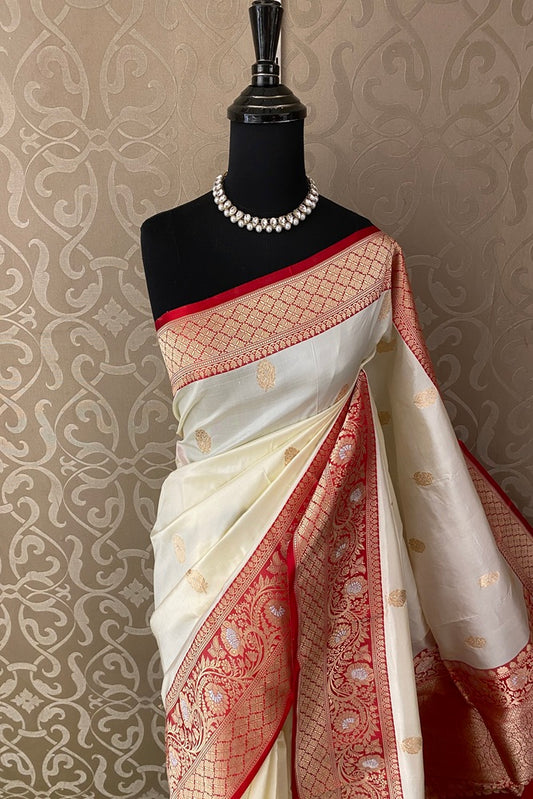 Offwhite Red Katan Silk Banarasi Hand Weaving Saree, With Unstich Blouse
