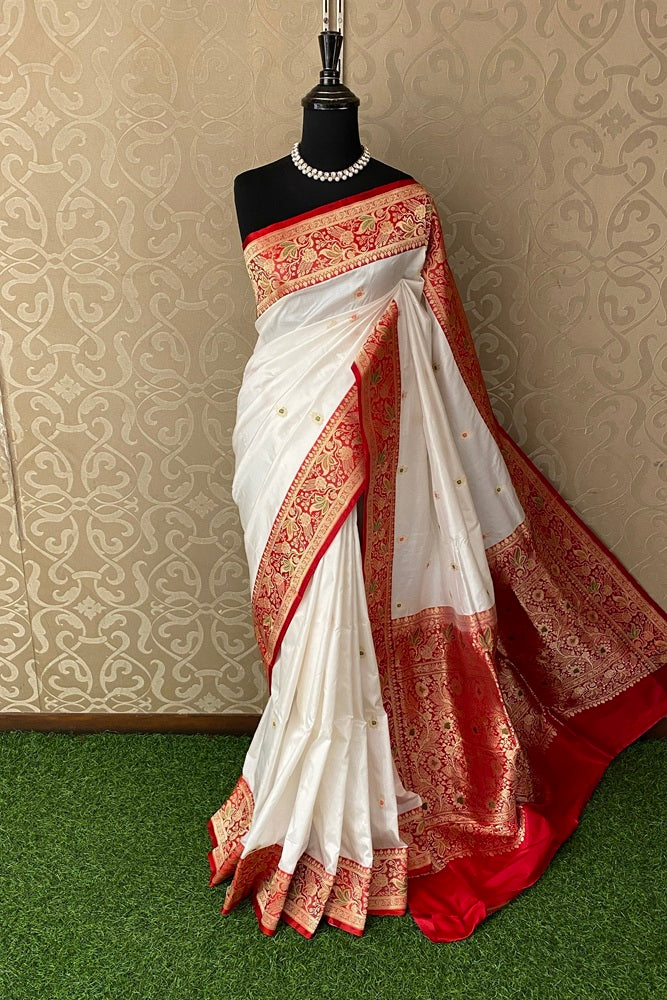 White Red Katan Silk Banarasi Hand Weaving Saree, With Unstich Blouse