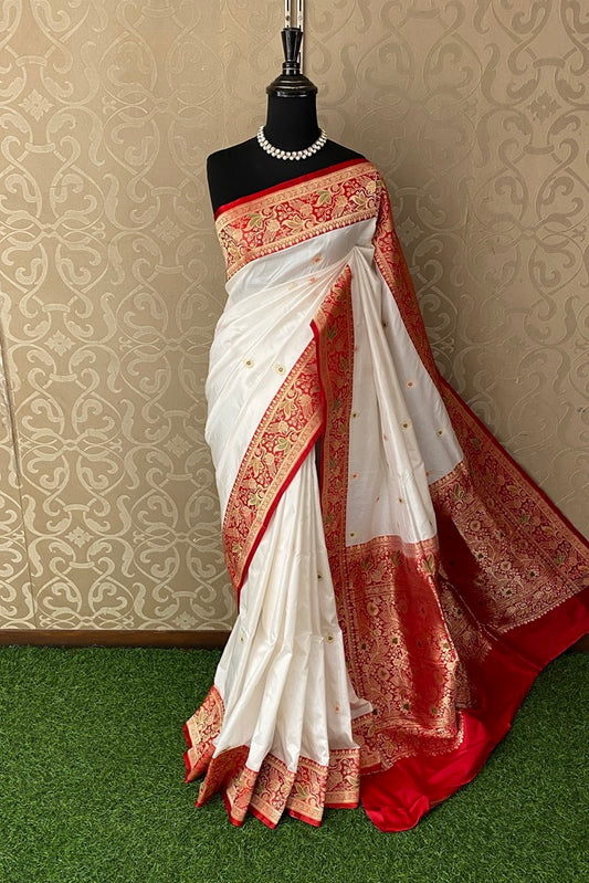 White Red Katan Silk Banarasi Hand Weaving Saree, With Unstich Blouse