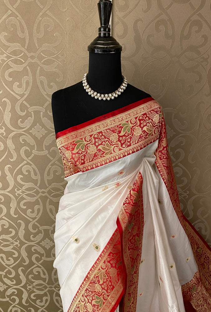White Red Katan Silk Banarasi Hand Weaving Saree, With Unstich Blouse