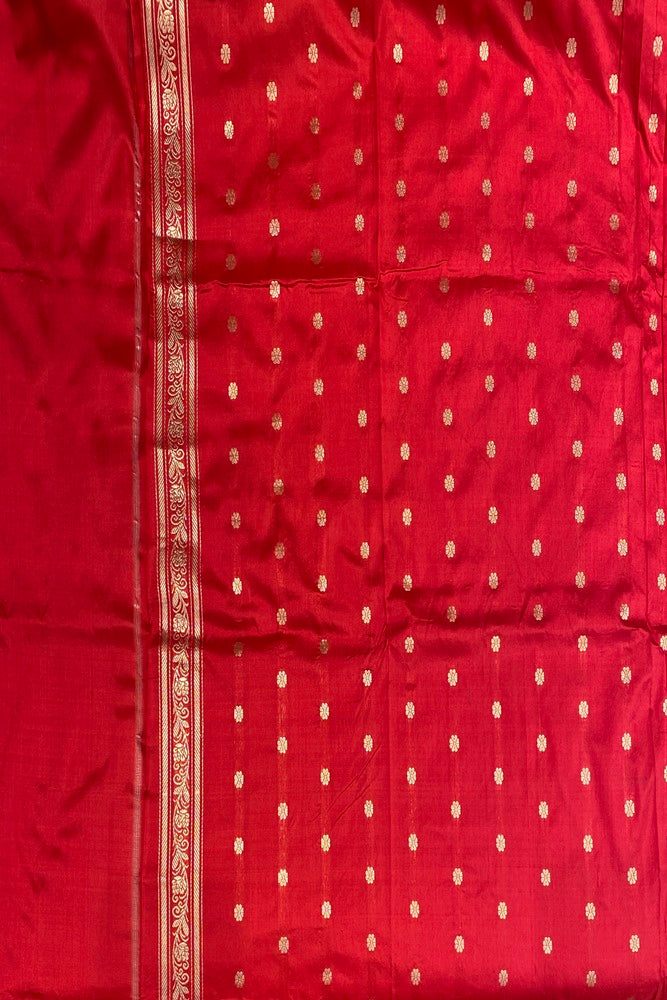 White Red Katan Silk Banarasi Hand Weaving Saree, With Unstich Blouse
