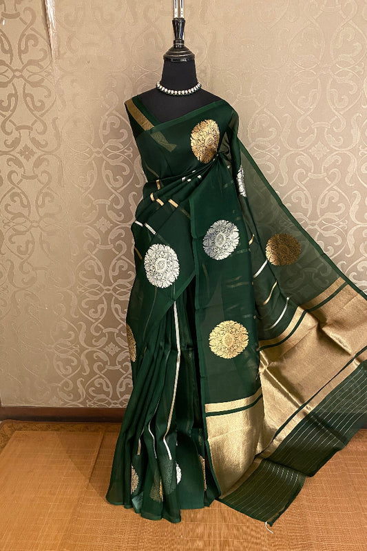 Dark Bottle Green Kora Banarasi Silk Saree, With Unstich Blouse Piece