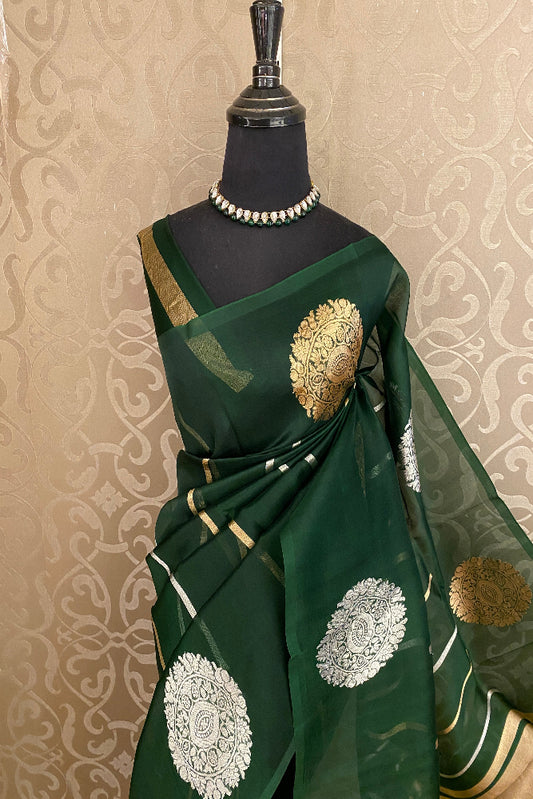 Dark Bottle Green Kora Banarasi Silk Saree, With Unstich Blouse Piece