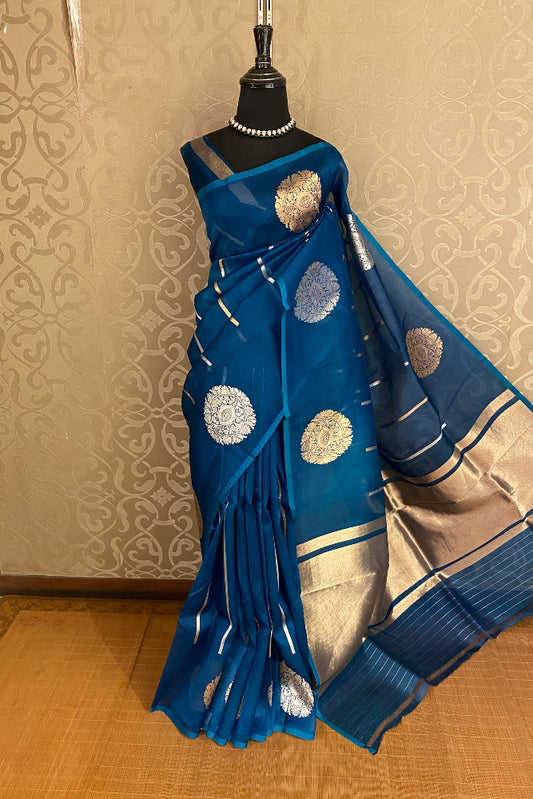 Blue Kora Banarasi Silk Saree, With Unstich Blouse Piece
