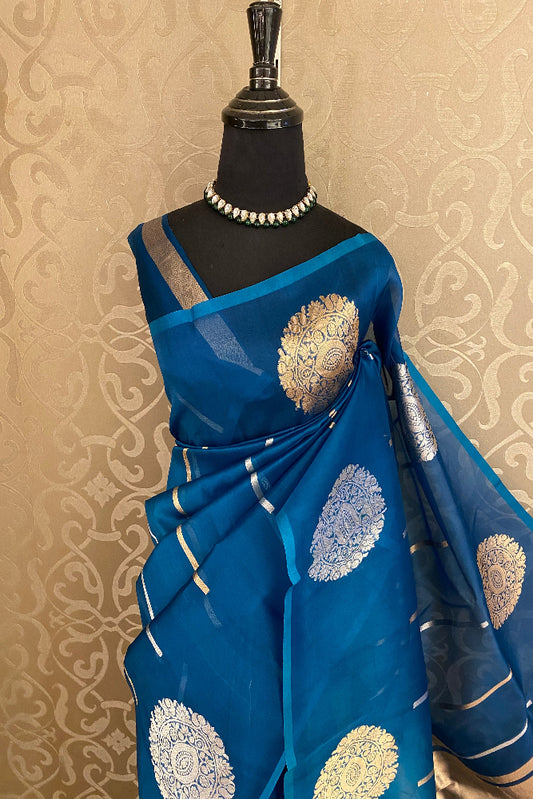 Blue Kora Banarasi Silk Saree, With Unstich Blouse Piece