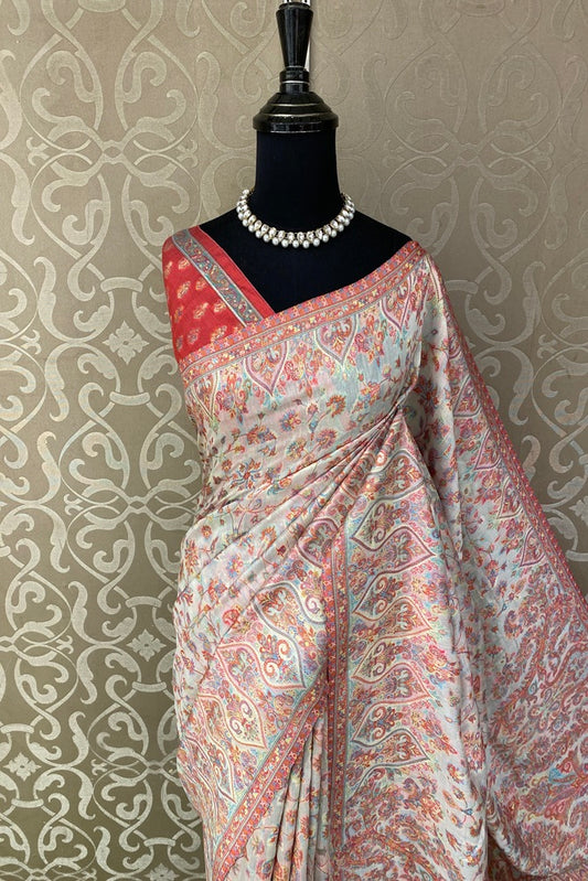 Offwhite Pure Kani Handloom Silk Saree With Floral Woven Unstich Blouse