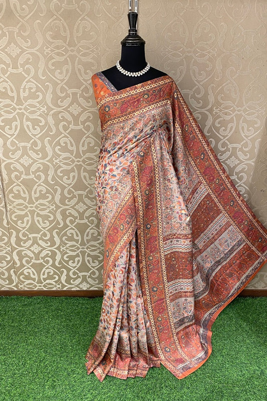 Offwhite Pure Kani Handloom Silk Saree With Floral Woven Unstich Blouse