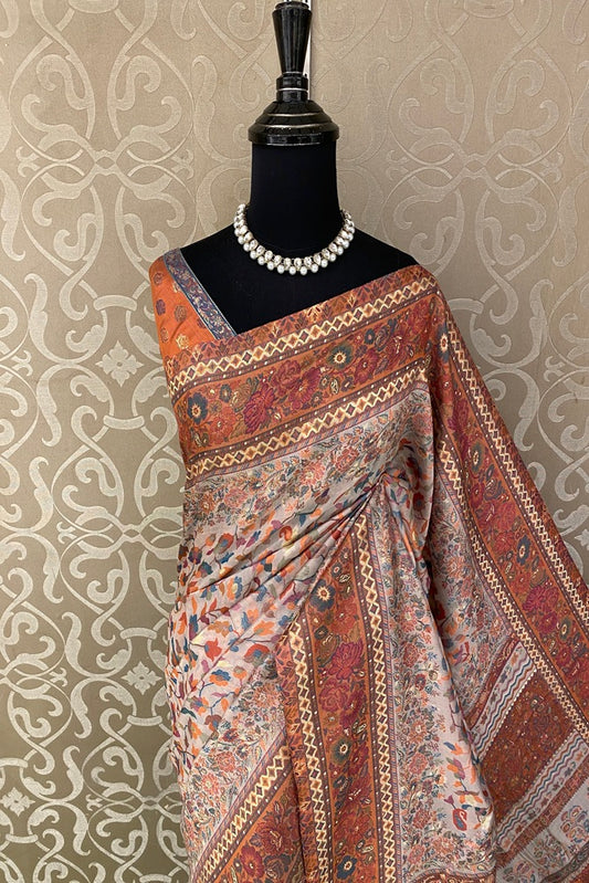 Offwhite Pure Kani Handloom Silk Saree With Floral Woven Unstich Blouse