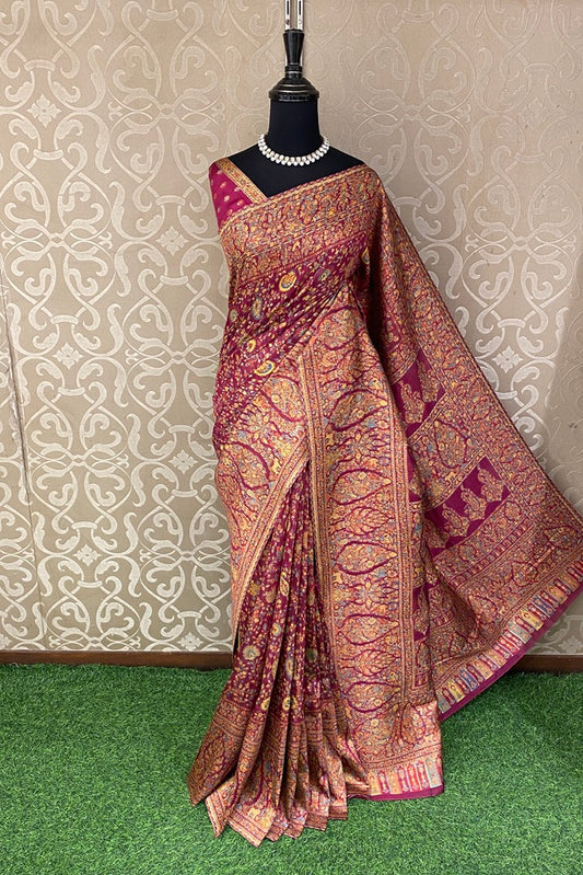 Pink Pure Kani Handloom Silk Saree With Floral Woven Unstich Blouse