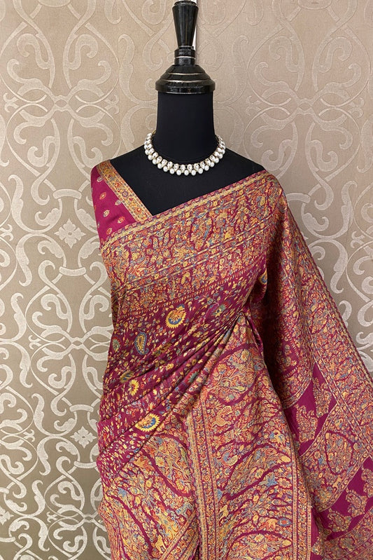 Pink Pure Kani Handloom Silk Saree With Floral Woven Unstich Blouse