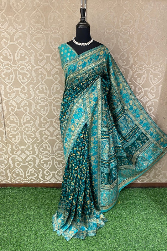 Blueish Green Pure Kani Handloom Silk Saree With Floral Woven Unstich Blouse