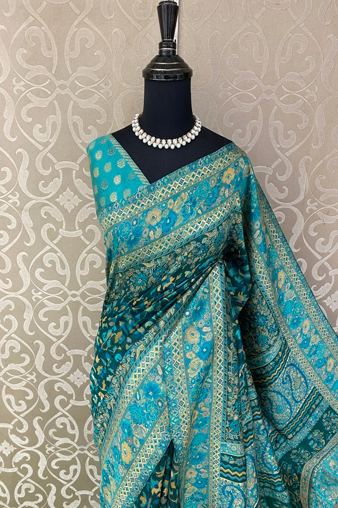 Blueish Green Pure Kani Handloom Silk Saree With Floral Woven Unstich Blouse
