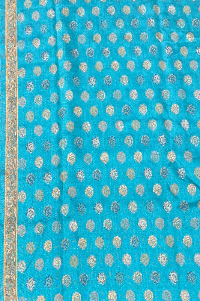 Blueish Green Pure Kani Handloom Silk Saree With Floral Woven Unstich Blouse