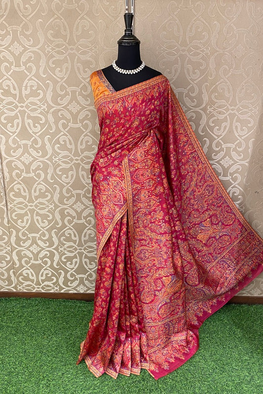 Redish pink Pure Kani Handloom Silk Saree With Floral Woven Unstich Blouse