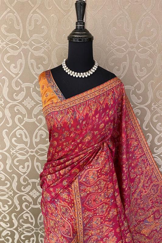 Redish pink Pure Kani Handloom Silk Saree With Floral Woven Unstich Blouse