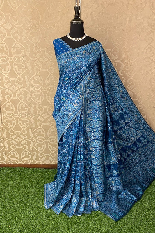 Teal Blue Pure Kani Handloom Silk Saree With Floral Woven Unstich Blouse
