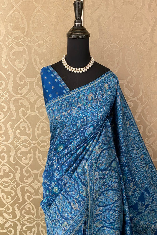 Teal Blue Pure Kani Handloom Silk Saree With Floral Woven Unstich Blouse