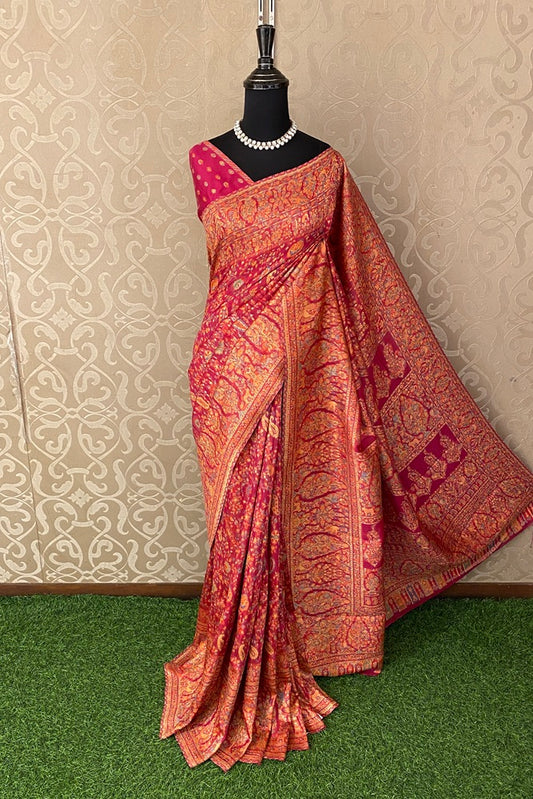 Redish Pink Pure Kani Handloom Silk Saree With Floral Woven Unstich Blouse