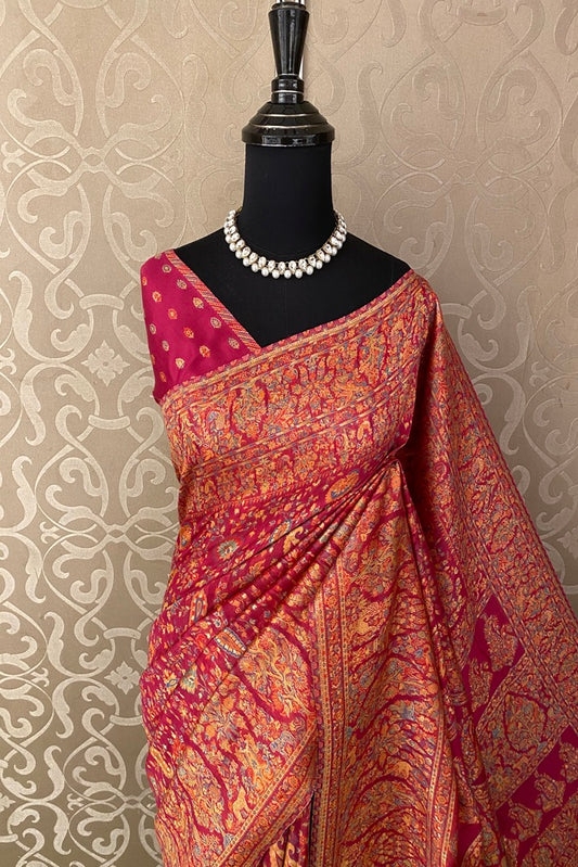 Redish Pink Pure Kani Handloom Silk Saree With Floral Woven Unstich Blouse